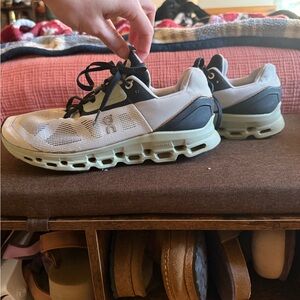 On Running Green Black and Cream Athletic Shoes